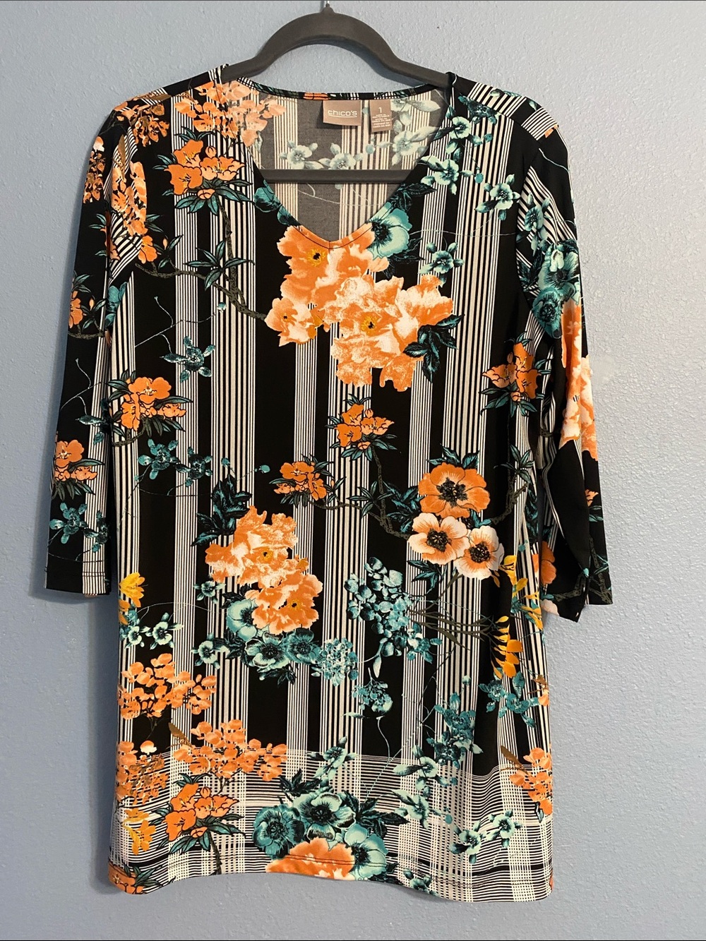 Sundance Black Tunic with Orange & Teal Floral Stripe Print